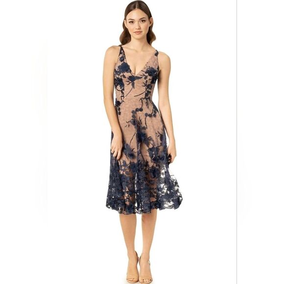Dress the Population Womens Audrey Midi A-Line 3D Floral Dress Navy Nude Medium - Picture 13 of 13